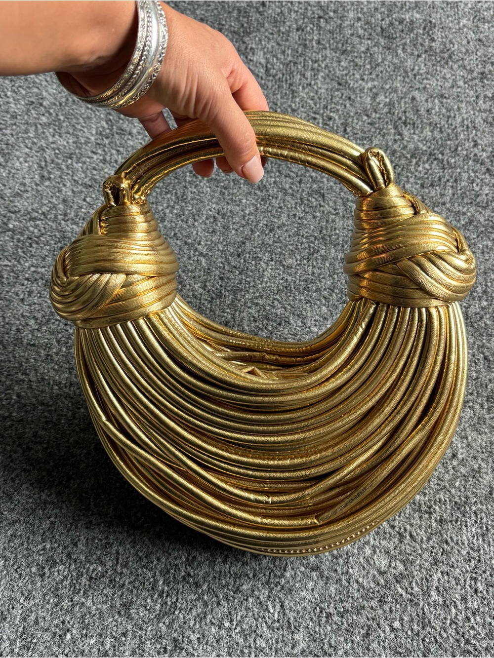 Brand New Gold Metallic Knotted Cord Cresent Bag